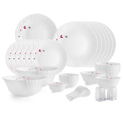 Cello Opalware Dazzle Series Lush Fiesta Dinner Set, 18Pcs | Opal Glass Dinner Set for 6 | Light-Weight, Daily Use Crockery Set for Dining | White Plate and Bowl Set