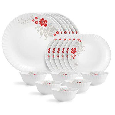 Cello Opalware Dazzle Series Scarlet Bliss Dinner Set, 18 Units | Opal Glass Dinner Set for 6 | White Plate and Bowl Set