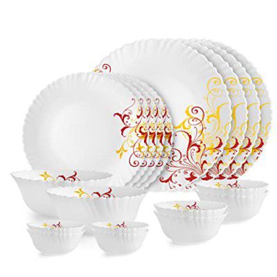 Cello Opalware Dazzle Series Yellow Scroll Dinner Set, 18Pcs | Opal Glass Dinner Set for 4 | Light-Weight, Daily Use Crockery Set for Dining | White Plate and Bowl Set