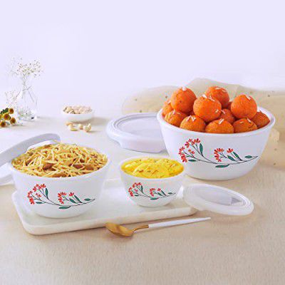 Cello Opalware Mixing Bowl Set with Premium Lid, Red Blossom, Set of 3, (500 ml, 1000 ml, 1500 ml), White