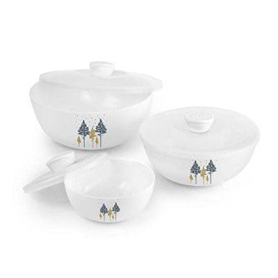 CELLO Opalware Royale Pine Mixing Bowl Set with Lid 500ml, 1000ml, 1500ml, (White, Medium) -3 Units