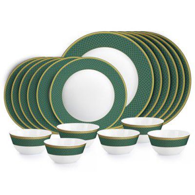 Cello Opalware Solitaire Series Emerald Dinner Set, 18 Units | Opal Glass Dinner Set for 6 | Crockery Set for Festive Ocassions, Parties | White Plate and Bowl Set