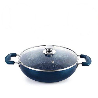 Cello Oxford Non Stick Induction Compatible Kadhai with Glass Lid 26cm, Metallic Blue | Induction Bottom Cookware | Kadhai with Premium Non Stick Coating