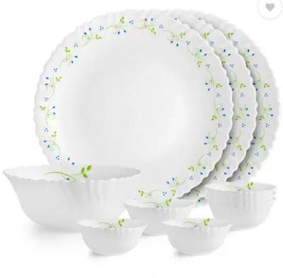 cello Pack of 10 Opalware Dazzle Opalware Tropical Lagoon Dinner Set |Crockery Set |White Dinner Set  (Green, White, Microwave Safe)