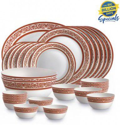 cello Pack of 27 Opalware x Amitabh Bachchan Solitaire Series Rosso Dinner Set Dinner Set  (White, Microwave Safe)