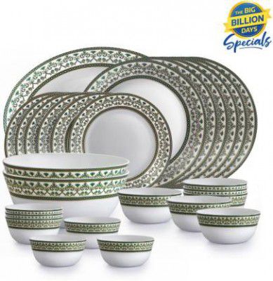 cello Pack of 27 Opalware x Amitabh Bachchan Solitaire Series Verde Dinner Set Dinner Set  (White, Microwave Safe)