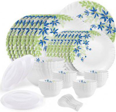 cello Pack of 47 Opalware Dazzle Series Blue Primrose Crockery Set |Dishwasher Safe|Light-Weight Dinner Set  (Green, Blue, Microwave Safe)