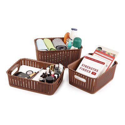 Cello Plastic Style Knit Small Basket Without Lid, Brown - Set of 3