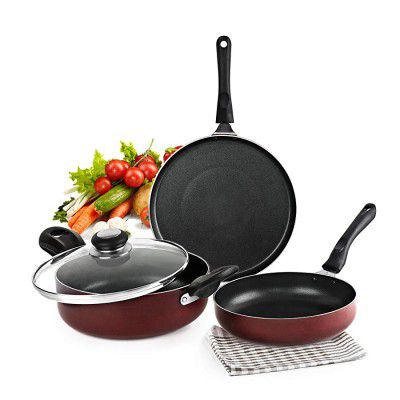 Cello Prima Induction Base Non-Stick Aluminium Pan Cookware Set, 3-Pieces, Cherry Red