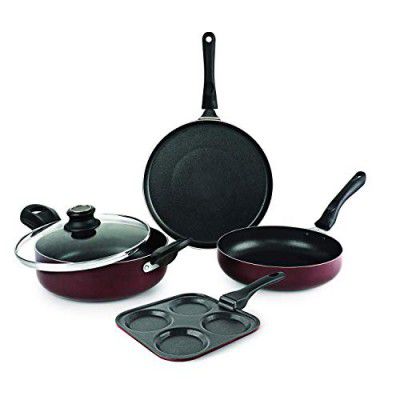 Cello Prima Uttapam Non Stick Induction Base Aluminium Cookware Combo, (Red, Cherry)