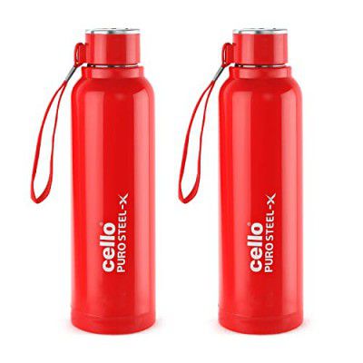 Cello Puro Steel-X Benz 900 | Water Bottle with Inner Steel and Outer Plastic | Set of 2 | 730 ml, Red