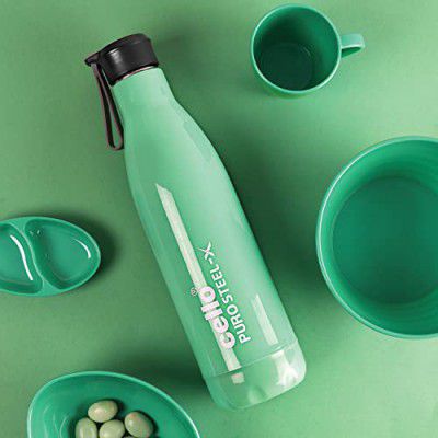 CELLO Puro Steel-X Neo 900 | Cold Water Bottle with Inner Steel and Outer Plastic | Insulated Kids Water Bottle | 720ml, Green