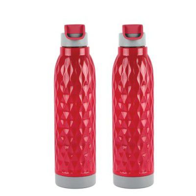 CELLO Puro Wave 900 Water Bottle | Easy Carry Wrist Belt | Covered Drinking Spout |Refrigerator Safe| Outer Plastic Body and Inner Stainless Steel Body | Set of 2 | 690ml, Red