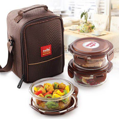 Cello Seal O Fresh Round Borosilicate Microwavable Glass Lunch Box Brown 350 ml Each Set of 3