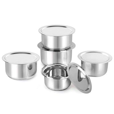 Cello Stainless Steel Tope with Lid, Induction Bottom, Set of 5 (Capacity - 1.1L, 1.4L, 1.9L, 2.5L, 3.1L), Silver, Medium (SS_TOPE_SS_LID_IB_SET5)