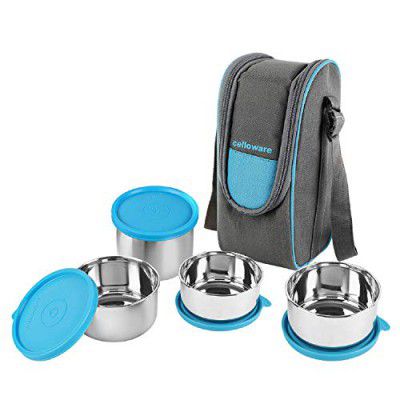 Cello Steelox Stainless Steel Lunch Box Combo 4- Piece with Jacket (Capacities - 225ml, 375ml x 2, 550ml)