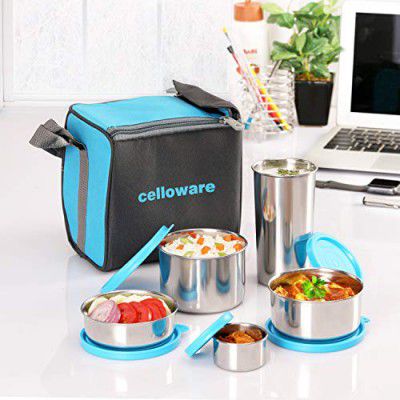 CELLO Steelox Stainless Steel Lunch Box Set of 5 with Bag (Capacities - 50ml, 225ml, 375ml, 550ml, 375ml Tumbler), Blue