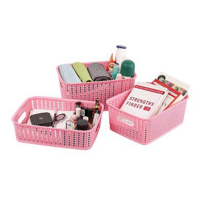 Cello Style Knit Small Basket Without Lid, Set of 3, Pink,Plastic