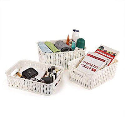 CELLO Style Knit Small Rectangular Basket without Lid, Set of 3, Ivory,Plastic