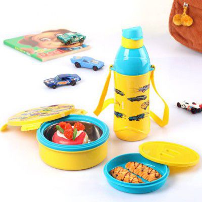 cello Tiffy Hotwheelz Gift Set Insulated Lunch Box & Water Bottle, Yellow, 2 Containers Lunch Box  (860 ml, Thermoware)