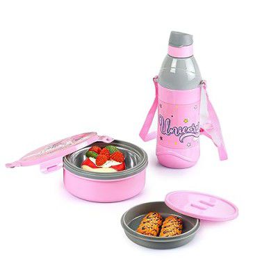 CELLO Tiffy Unicorn Gift Set Insulated Lunch Box & Water Bottle | Leak Proof | Easy to Clean | Lunch Box 460 ml, Water Bottle 400 ml, Pink & Grey