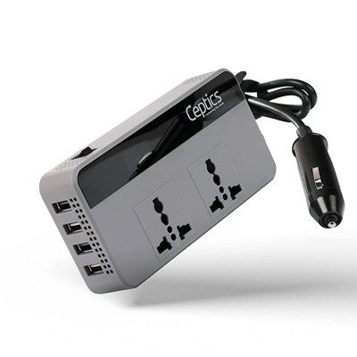 Ceptics 200W Car Laptop Charger/Power Inverter with Digital Display and SmartVoltage™ Technology - 12V DC to 220V AC, 9.6A Quad USB with QC3.0-2X Universal AC Outlet – Grey Color - 18 Months Warranty