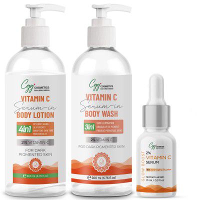 CGG Cosmetics Vitamin C Serum in Body Lotion 200ml, Body Wash 200ml & FREE 10ml Vitamin C Serum-Combo, For reverses aging, Brighten skin tone, Depigments