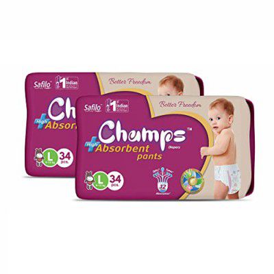 Champs Cotton Elastic Baby Diaper - Large Size(Pack of 2), 68 Pcs | 9-14 Kg 