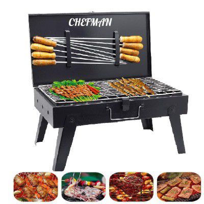 Chefman Briefcase Barbeque Grill Accessories with 8 Skewers Set (Black) for Home and Picnic