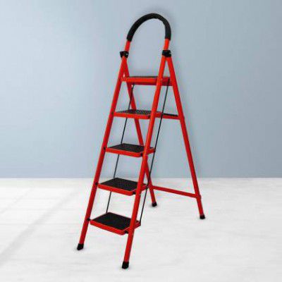 Cheston MS Steel Ladder for Home 5 Steps Foldable Anti Skid Load 150+ Kgs Steel Ladder  (With Platform, Hand Rail)