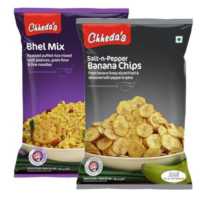 Chheda's - Salt N Pepper Banana Chips (350Gm) and Bhel Mix (350Gm) | Banana Wafers | Indian Namkeen |Ready to Eat - Combo Pack