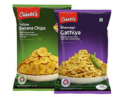 Chheda's - Yellow Banana Chips (300 Gm) and Bhavnagri Gathiya (350 Gm) | Banana Wafers | Indian Namkeen | Tasty Snacks | Ready to Eat - Combo Pack