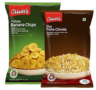 Chheda's - Yellow Banana Chips (300 Gm) and Diet Poha Chivda (350 Gm) | Banana Wafers | Indian Namkeen | Tasty Snacks - Combo Pack