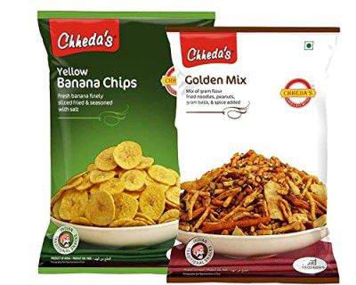 Chheda's - Yellow Banana Chips (300 Gm) and Golden Mix (350 Gm) | Banana Wafers | Indian Namkeen | Tasty Snacks | Ready to Eat - Combo Pack