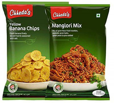 Chheda's - Yellow Banana Chips (300 Gm) and Manglori Mix (350 Gm) | Banana Wafers | Indian Namkeen | Tasty Snacks | Ready to Eat - Combo Pack