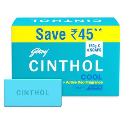 Cinthol Cool Soap, 150g (Pack of 4) | with Icy-cool Menthol | Soaps For Bath | Grade 1 Soap | For All Skin Types