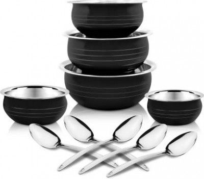 Classic Essentials Black coloured Stainless Steel Handi/patila/bhagona/biryani cook & serve Handi Cookware Set  (Stainless Steel, 10 - Piece)