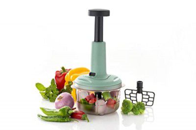 Clazkit 2 in 1 Push Chopper Push and Chop Chopper Vegetable and Fruit Cutter Chopper with Easy Push and Close Button 800ml |Sea Green (Pack of 1)