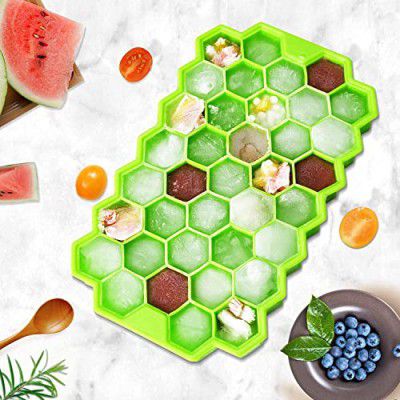 Clazkit Flexible Silicone Honeycomb 37 Cavity Ice Cube Tray for Freezer Moulds Small Cubes Whiskey Fridge Bar Soft Ice Cube Tray  -Pack of 1 Multicolor