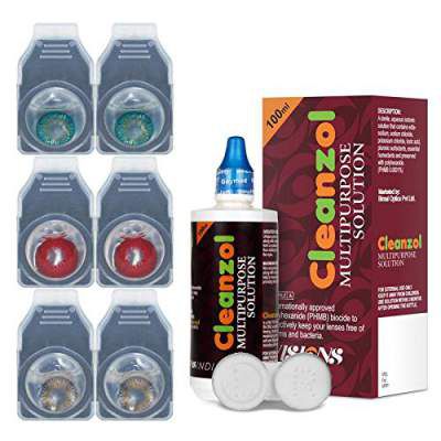 CleanZol 3 Pair Monthly Disposable Zero Power Color Contact Lenses With CleanZol 100 ml Multipurpose Solution & Lens Case (3Pair Gray -Red -Turquoise)