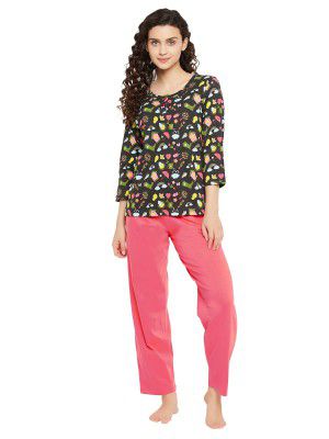 Clovia Cotton Women's Print Me Pretty Top & Solid Pajama Set