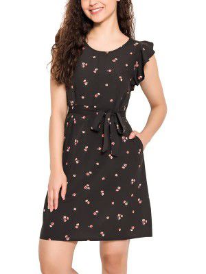 Clovia Women's Cotton Floral Print Short Night Dress in Black