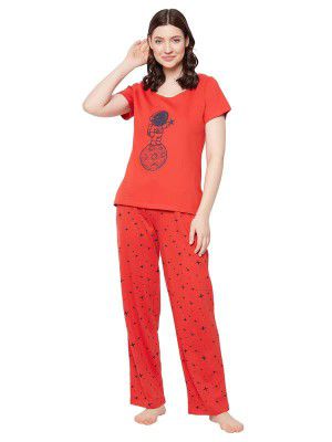 Clovia Women's Cotton Printed Top & Pyjama Set- Red