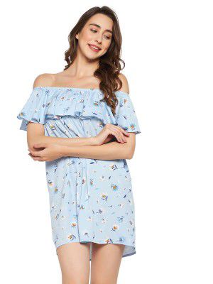 Clovia Women's Crepe Pretty Florals Resortwear Bardot Above The Knee Dress