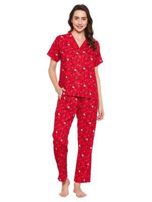 Clovia Women's Rayon Pretty Florals Button Down Shirt & Pyjama Set - Red