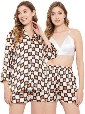 Clovia Women's Satin Emoji Print 3 Piece Nightwear Set