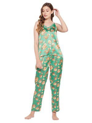 Clovia Women's Satin Pretty Florals Cami Top & Pyjama Set in Green