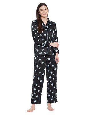 Clovia Women's Satin Star Printed Button Down Shirt & Pajama Set