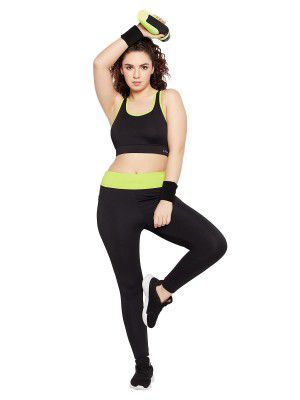 Clovia Women's Snug Fit High-Rise Active Tights with Contrast Waistband & Side Pocket in Black