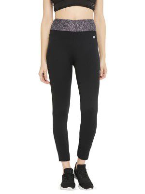 Clovia Women's Snug-Fit High Rise Active Tights with Printed Waistband in Black